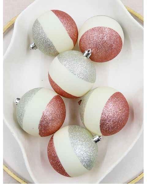 80mm beige baubles with champagne silver glitter and rose gold glitter