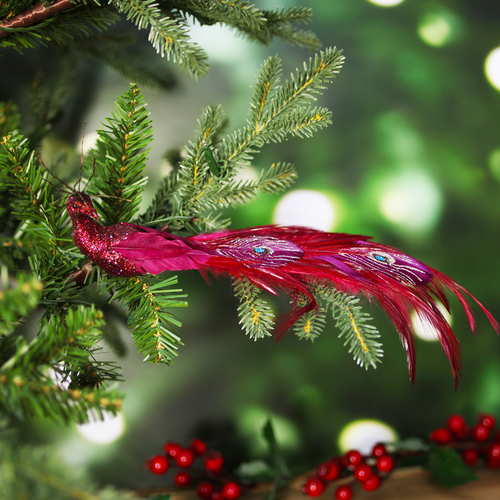Burgundy Peacock with Feathered tail Ornament - 26cm