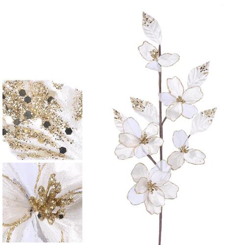 Ivory Champagne Glitter Blossom Leaf Pick 60cm