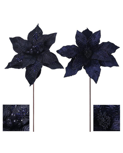 Midnight Blue Poinsettia Flower Pick 2 Pack 31cm