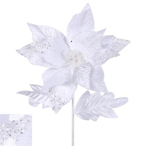 White Poinsettia With Seuins Pick 29cm