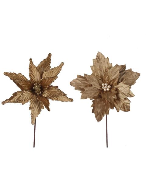 Gold Velour Poinsettia Flower Pick 2 Pack 30cm