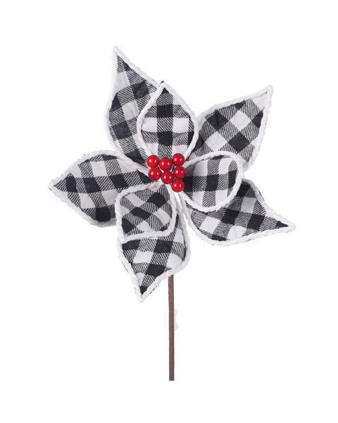 Black & White Poinsettia With Red Berry Flower Pick 25cm