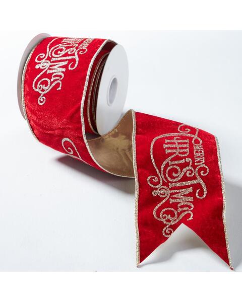 RED Velvet Ribbon With MERRY CHRISTMAS Glitter Detail