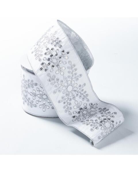 WHITE Durion Ribbon Embroided With Silver Sequin