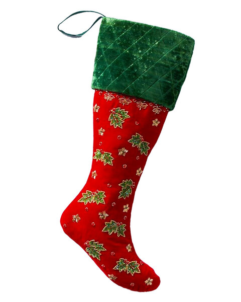 RED Velour Stocking w/Holly Beading 58CM