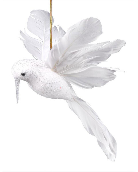 White Christmas Tree Hanging Bird with Feathered Tail 20cm